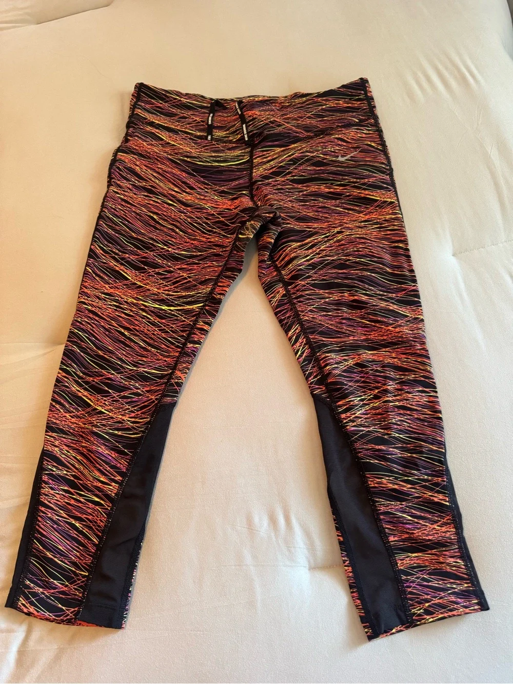 Nike Black Leggings with Neon Orange, Pink & Yellow Abstract Streaks